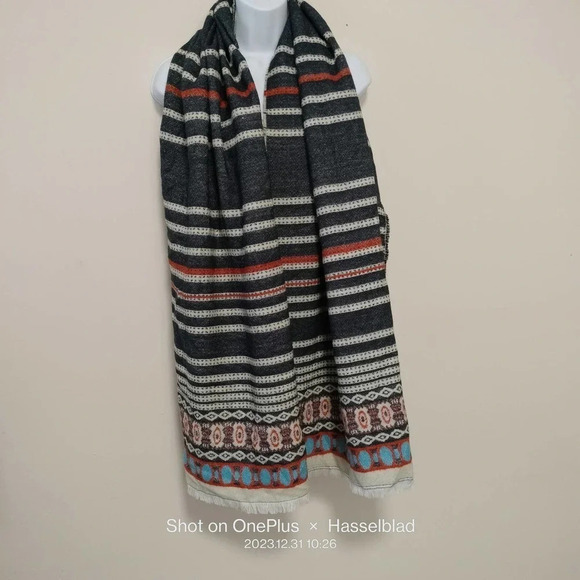 Striped Aztec Fringe Hem Multifunctional Rectangle Scarf - Picture 1 of 5